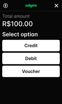 Screen to select Credit, Debit, or Voucher