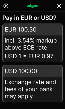 Payment terminal showing a DCC currency selection screen with USD option