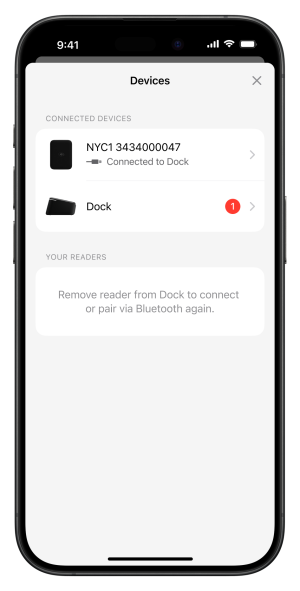 The Devices screen shows a card reader connected to a dock.