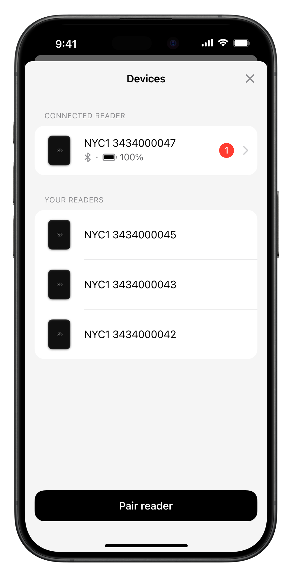 The Devices screen shows the connected card reader and previously paired readers.