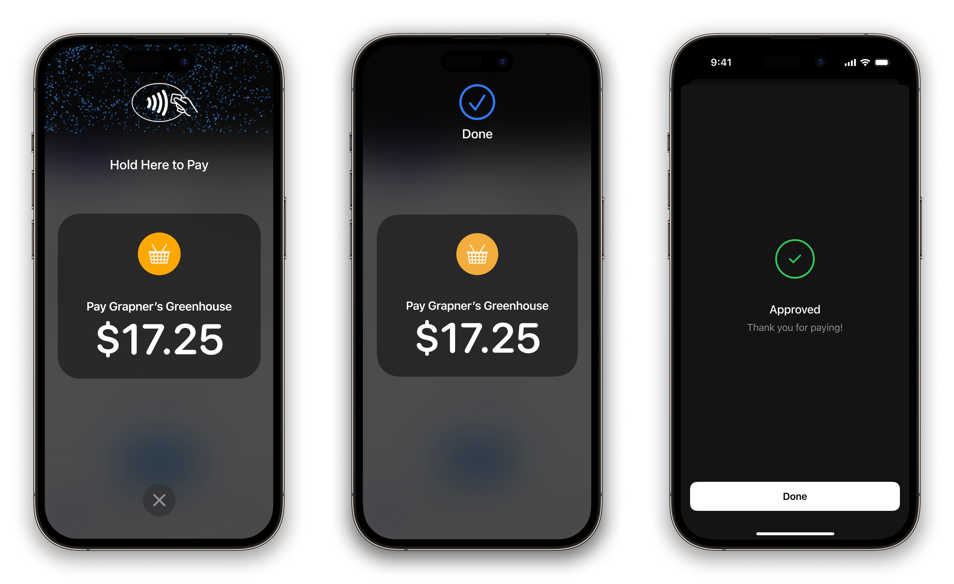 Payment, Done, and Approved screens