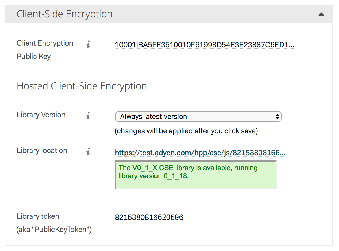 Client-Side Encryption panel showing Public Key, Library location, and Library token