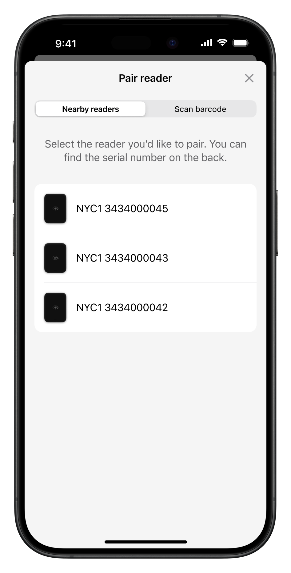 The Pair reader screen shows nearby card readers.